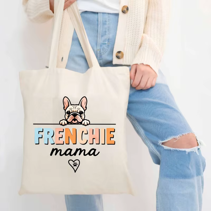 Sac fourre-tout en toile à motif de chien mère seau français de couleur crème avec motif en forme de coeur imprimé patte, adapté aux amateurs d'animaux de compagnie