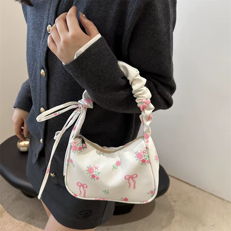 Sacs à main en toile imprimé doux pour femmes, fourre-tout coréen avec nœud Floral imprimé avec fermeture éclair, petit sac à bandoulière, nouvelle collection