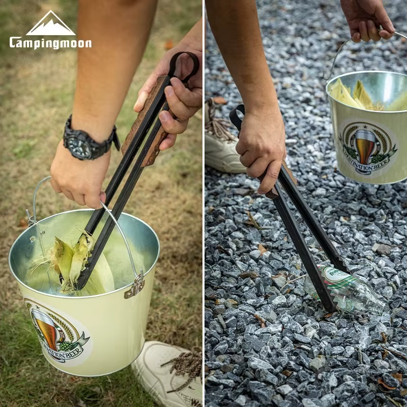 CAMPINGMOON BKMS-41 Pince à charbon multifonctionnelle en acier inoxydable avec poignée en bois massif anti-brûlure pour barbecue