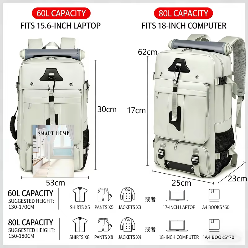 Sac de voyage extérieur 60-80L grande capacité, sac à dos multifonctionnel étanche pour ordinateur portable 18 pouces, sacs de randonnée extérieurs