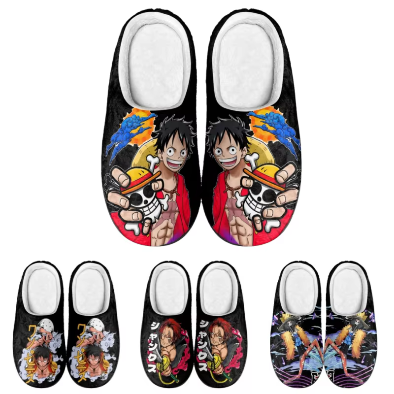 Anime une pièce en peluche pantoufles Luffy Shanks hiver flou chaud coton chaussures mignon Cosplay hommes maison intérieure antidérapant pantoufle cadeaux