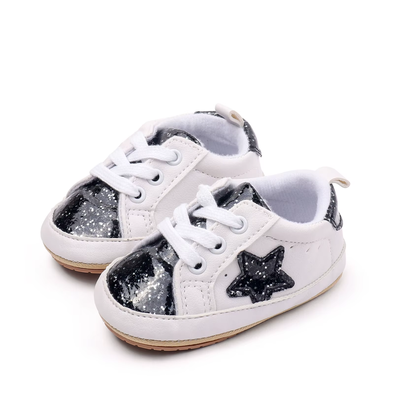 Baskets à paillettes de couleur contrastée pour bébés garçons et filles, chaussures plates à semelle souple, antidérapantes, chaussures de première marche pour nouveau-nés
