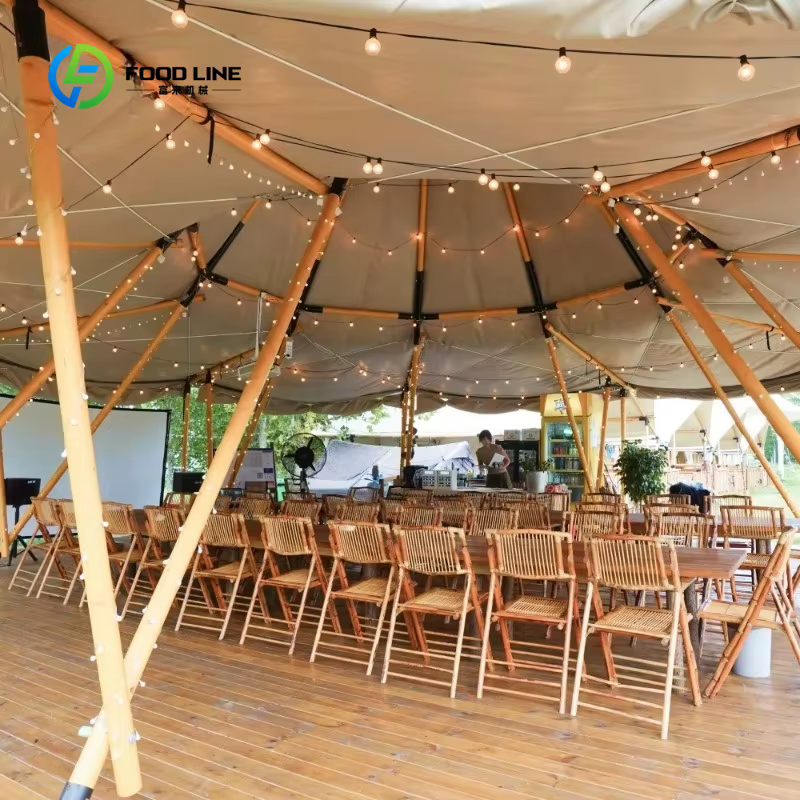 Tente de glamping de luxe sur mesure en bois, type tipi, pour mariages et événements en plein air