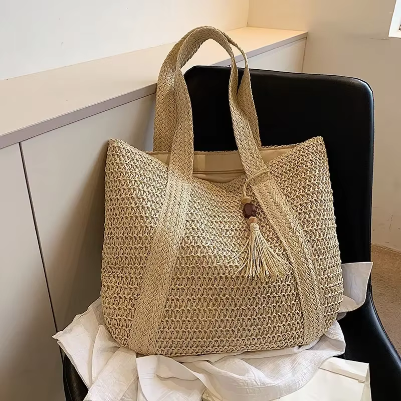 Elegant Ladies Straw Woven Handbag Women Holiday Beach Commute Casual Tote Top-Handle Bags Fashion Retro Shoulder