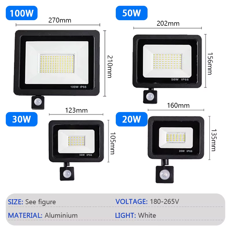 LED projecteur PIR capteur de mouvement IP66 étanche projecteur applique murale 20W 30W 50W 100W AC220V rue projecteur extérieur