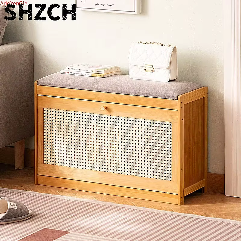 Banc d'entrée en bambou naturel avec coussin et rangement basculant pour chaussures