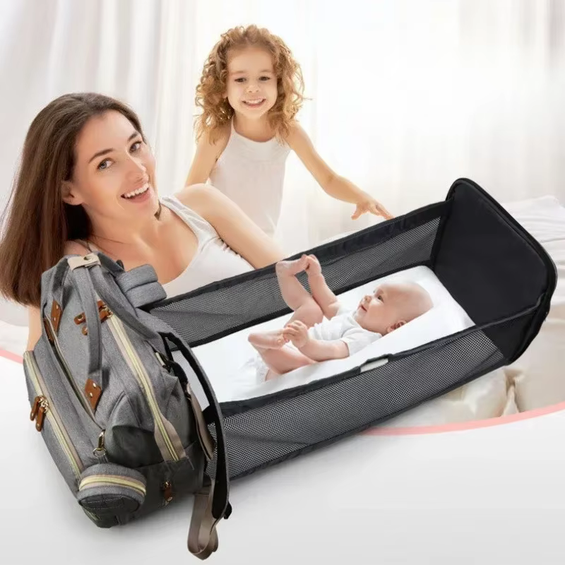 Sac à dos pour maman avec berceau pliable, matelas souple, sacs multifonctionnels pour maman, sacs de rangement isolants pour biberon, organisateur de couches