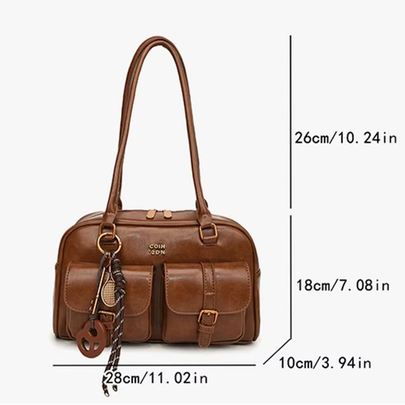 Sac à bandoulière rétro en cuir de couleur unie pour femmes, 1 pièce, sac à main avec plusieurs poches, grande capacité, livré avec un accessoire détachable
