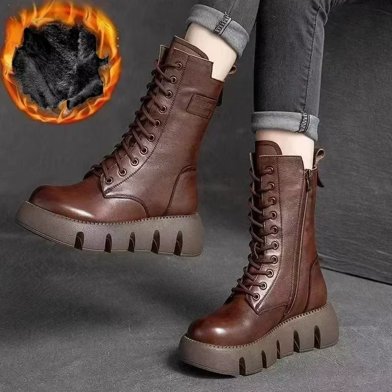 Hiver cuir femmes bottes 2025 court en peluche mi-talon bottes de neige à lacets chaud dame plate-forme Biker bottines pour femmes chaussures