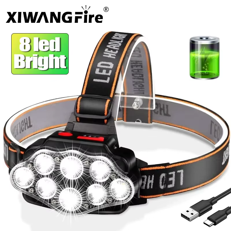 8LED puissante lampe de poche Rechargeable pour la pêche phare LED Camping phares chasse torche randonnée lanternes avant