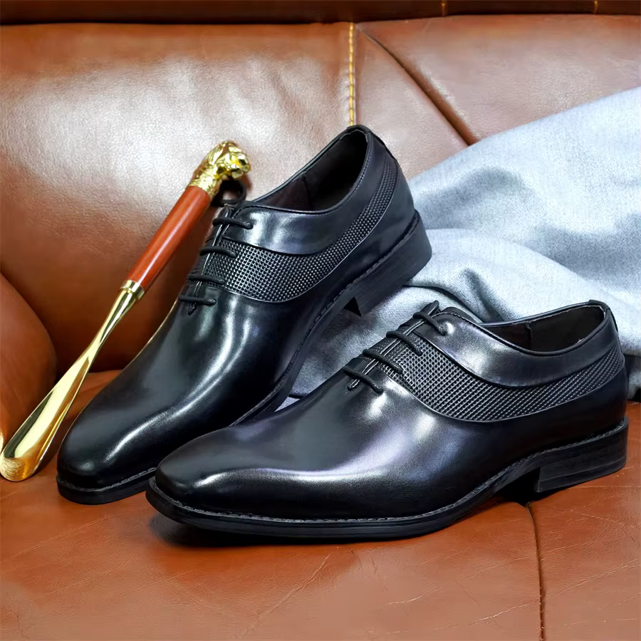 Chaussures Oxford haut de gamme pour hommes, en cuir véritable, faites à la main, à lacets, à bout pointu, chaussures d'affaires pour fête de mariage