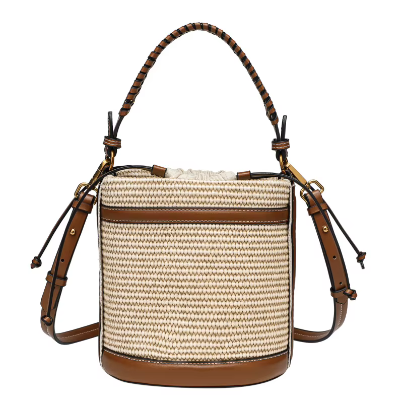 Sac seau tissé color-block avec garniture en cuir pour femme, sac à bandoulière quotidien d'été