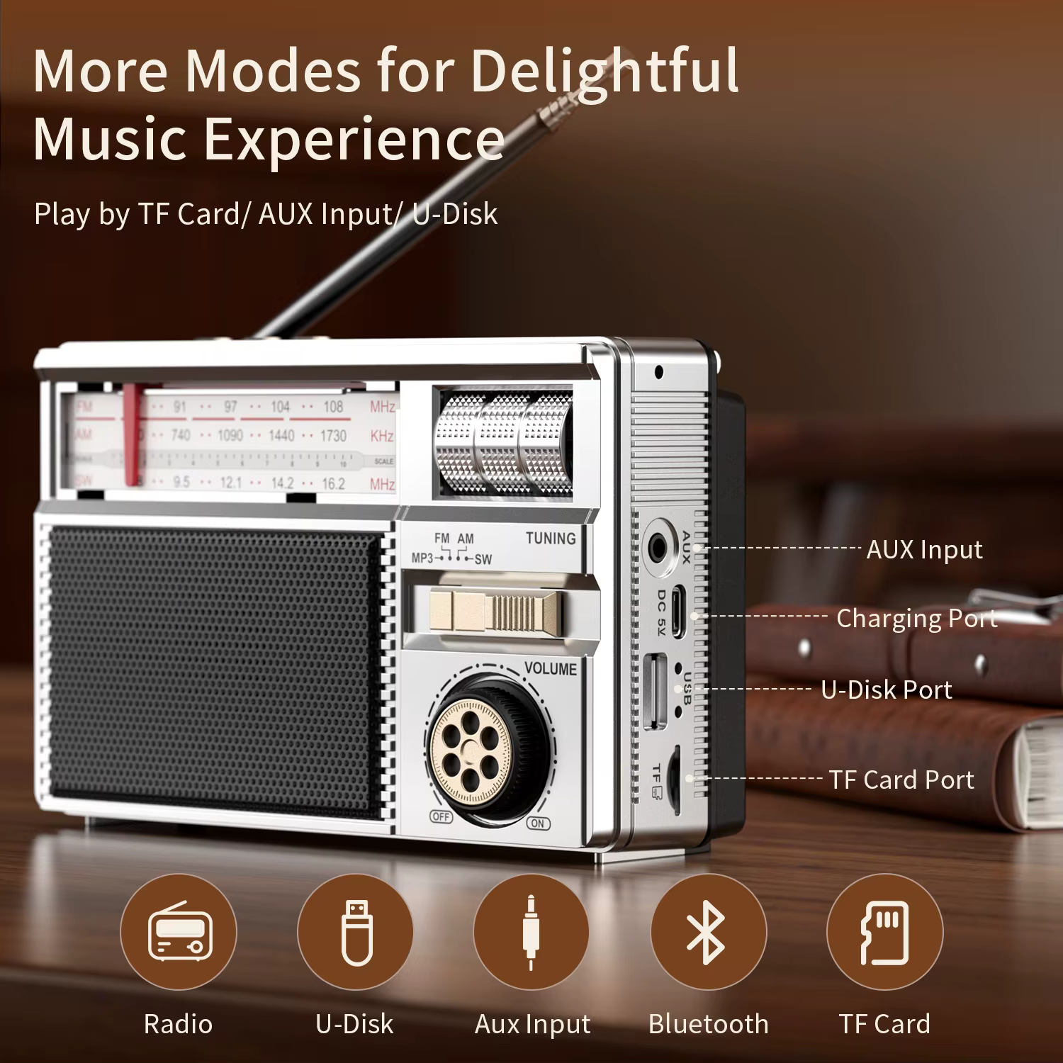 Radio rétro toutes bandes avec connectivité audio sans fil, charge solaire et multimode, batterie longue durée et modes de lecture multiples