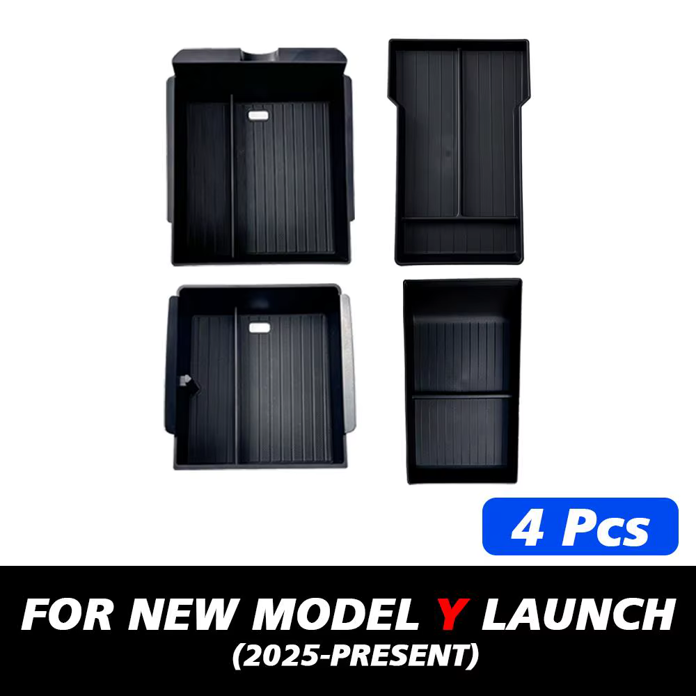 Pour Tesla Nouveau Modèle Y Launch Juniper : Tapis antidérapant en silicone ABS pour console et boîte de rangement d'accoudoir, avec porte-gobelets supérieur et inférieur