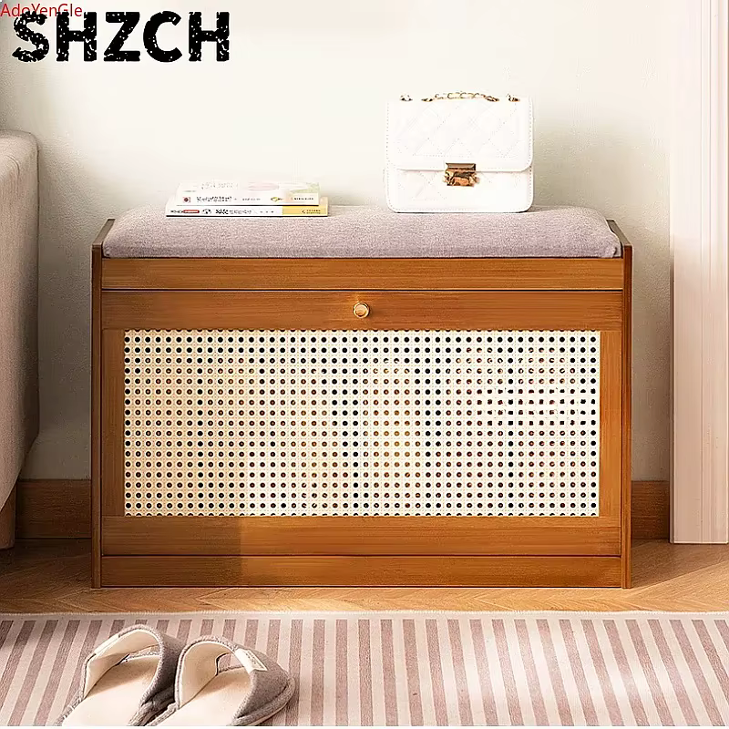 Banc d'entrée en bambou naturel avec coussin et rangement basculant pour chaussures