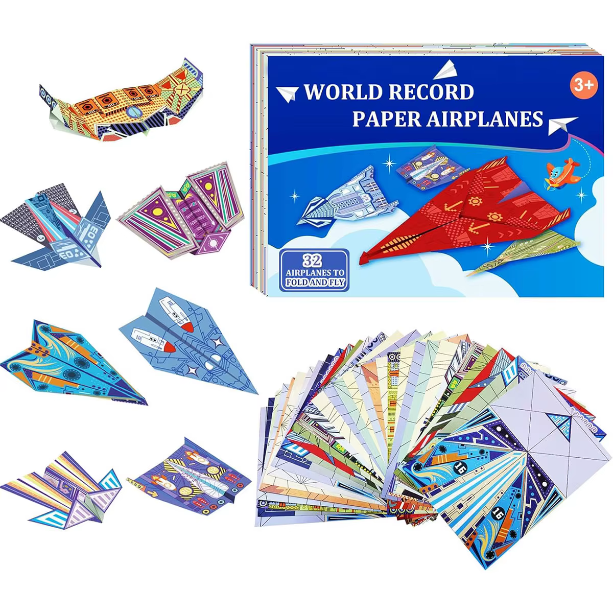Kit d'avions en papier origami 12/32 feuilles, 16 modèles classiques, avions de record mondial, cadeau pour garçons et filles débutants, idéal pour les fêtes, facile à plier