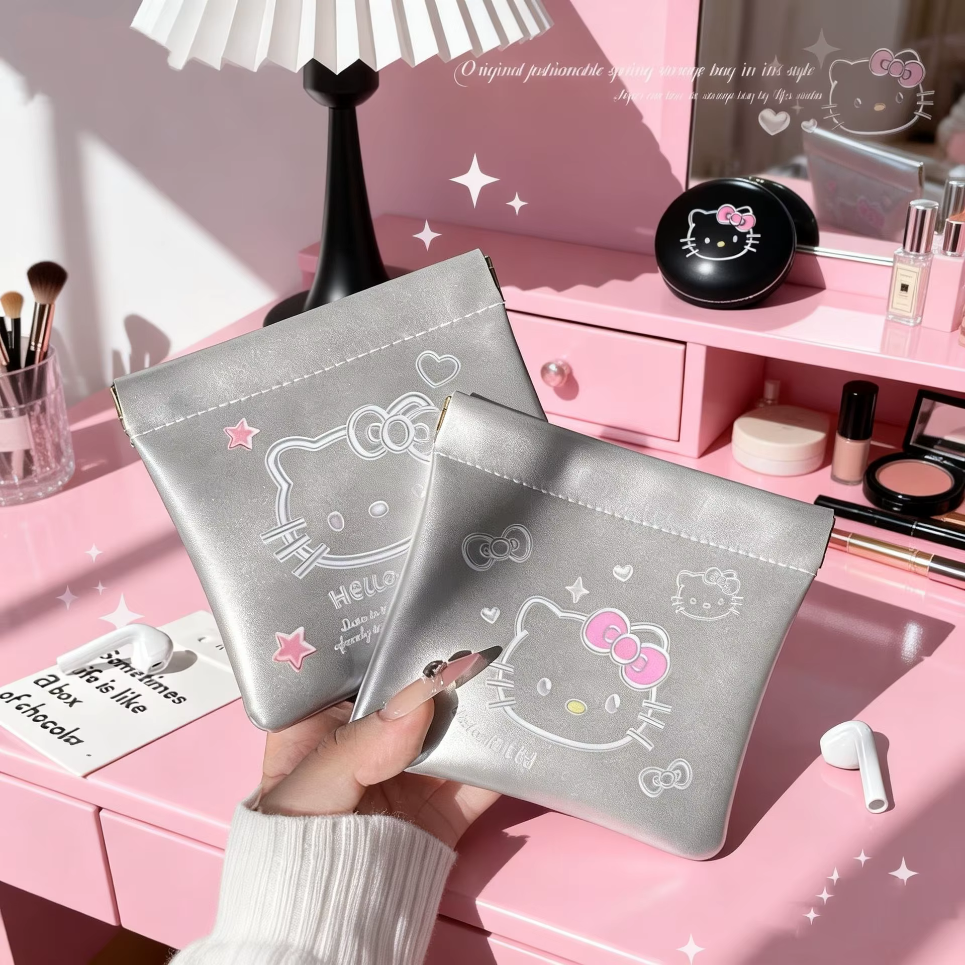 Pochette Hello Kitty en PU à fermeture automatique, sac de rangement portable et étanche pour rouge à lèvres, écouteurs, câbles de données et accessoires de voyage