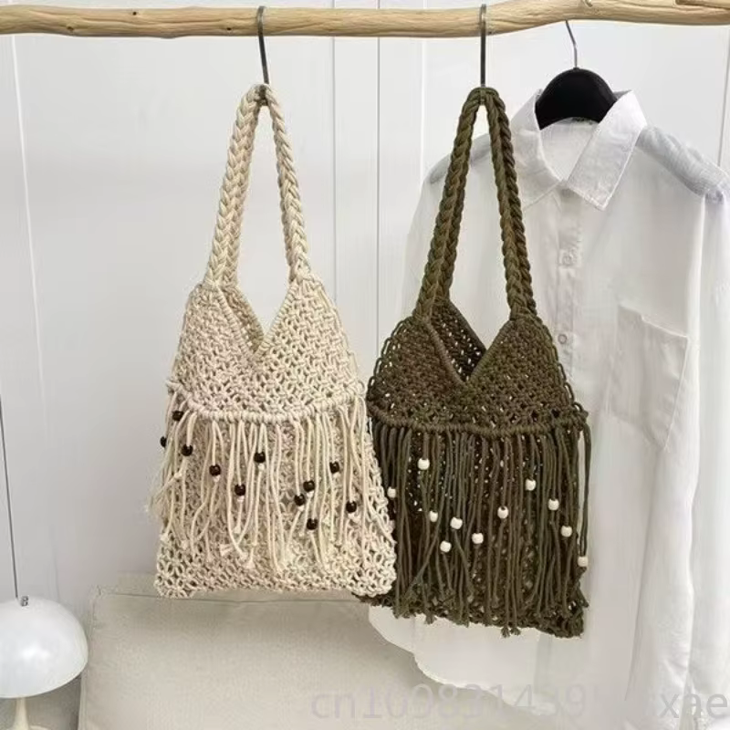 Sac à bandoulière en paille pour femmes, avec cordon de serrage, ajouré et respirant, léger, grande capacité, pour voyage et extérieur