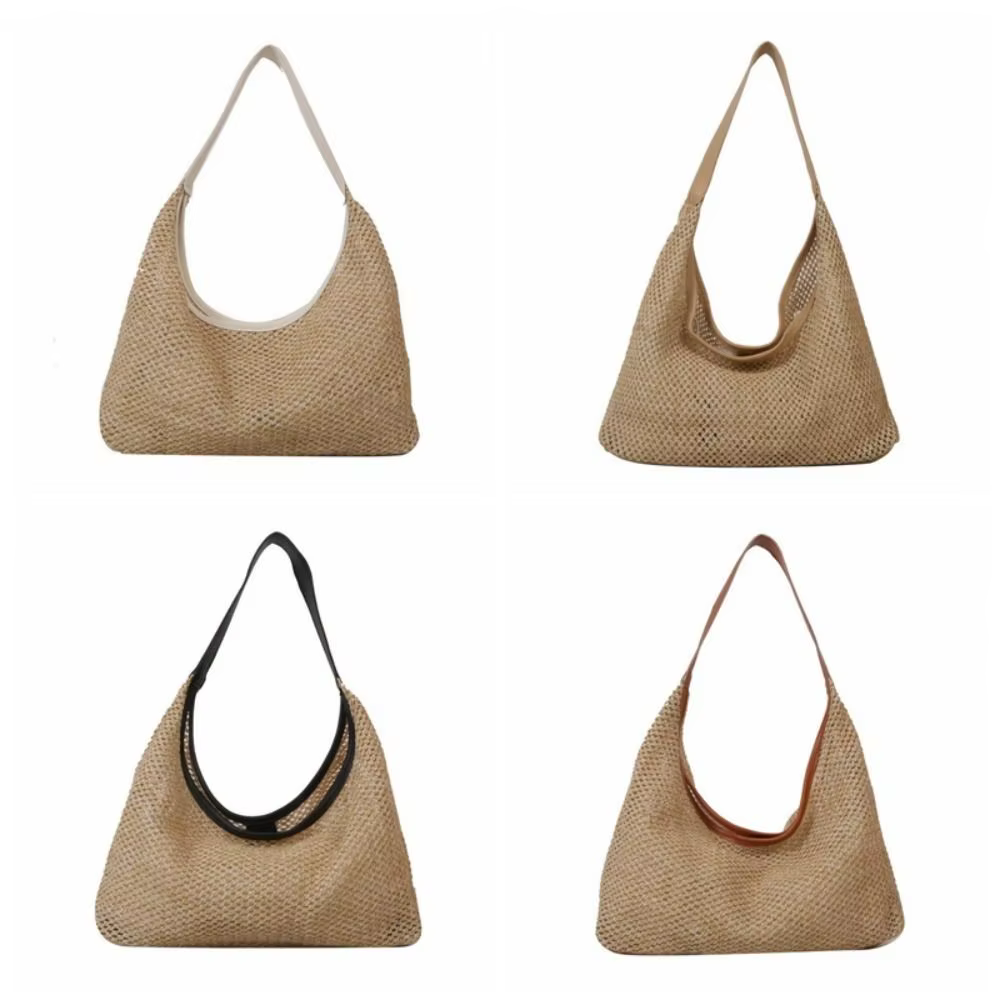 Sac en paille tressé uni décontracté, style bohème fait main, sac de plage grande capacité, sac fourre-tout, sac à bandoulière pour femme
