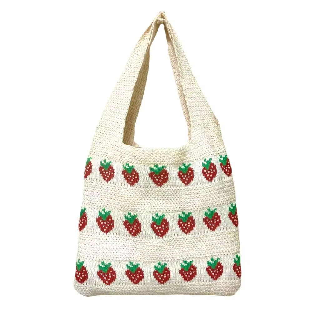 Sac à main tricoté pour femme, motif fraise, grande capacité, sac en crochet léger et durable, sac fourre-tout pour voyage