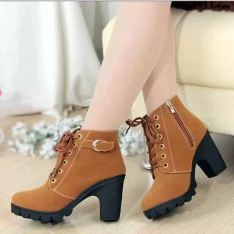 Nouveau printemps hiver à la mode polyvalent femmes bottes à lacets à la mode polyvalent dames chaussures confortables talons hauts bottes