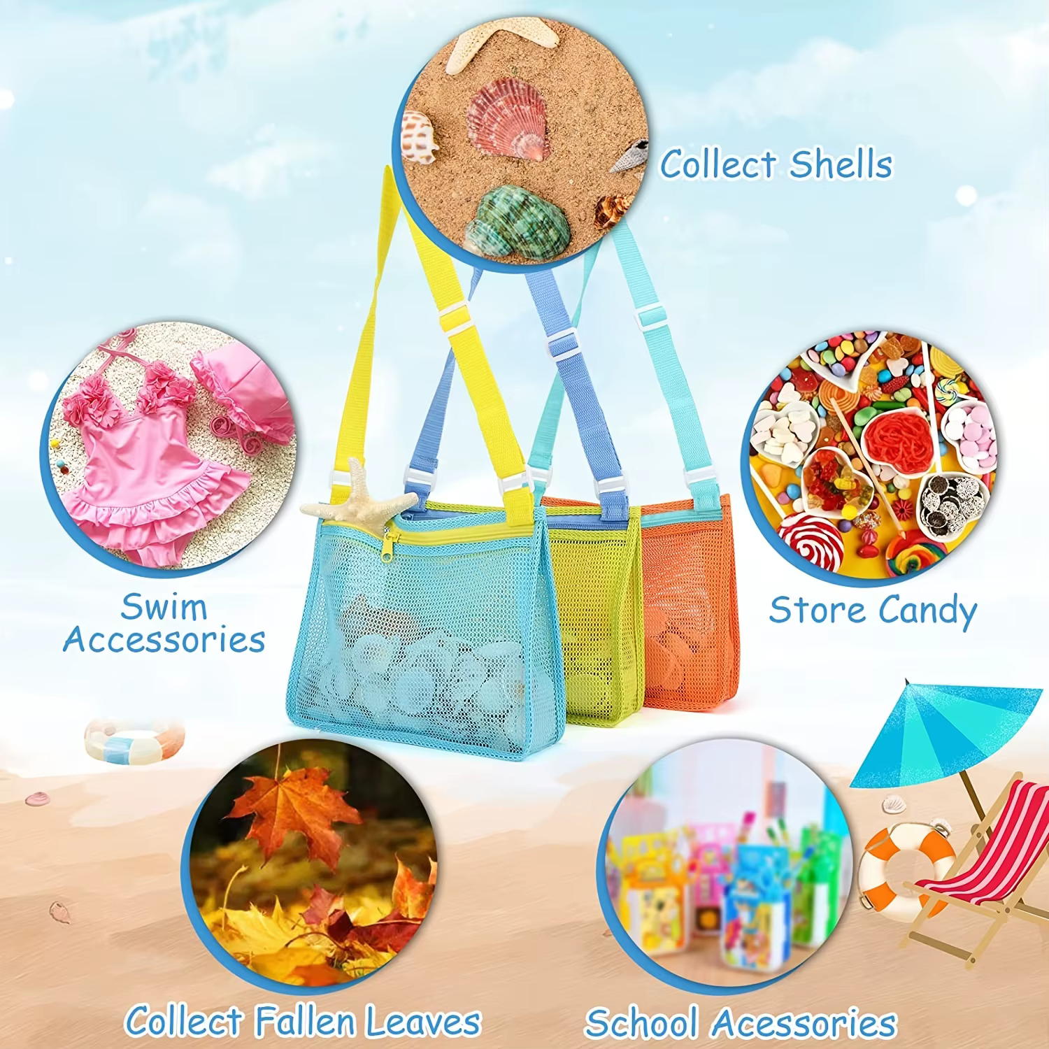Sac de plage en maille pour enfants, avec sangle réglable, fermeture éclair, sac de rangement pour la plage et la piscine, résistant au sable, séchage rapide, léger