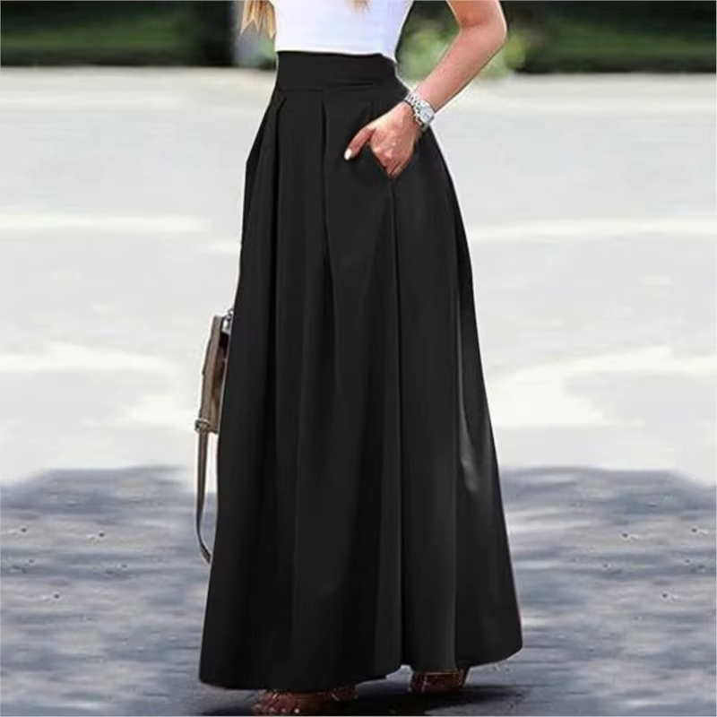 Jupes longues pour femmes printemps été taille haute couleur unie jupe longue femmes poche trajet a-ligne plissée mode jupe longue