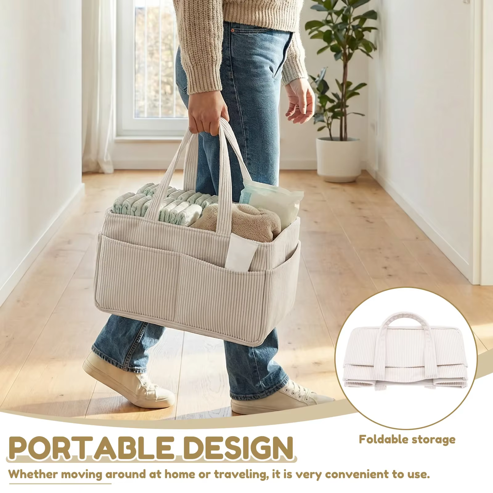 Organisateur de couches pour bébé en velours côtelé, panier de rangement pour couches avec poignée, pliable, multi-poches, organisateur de couches pour nouveau-né