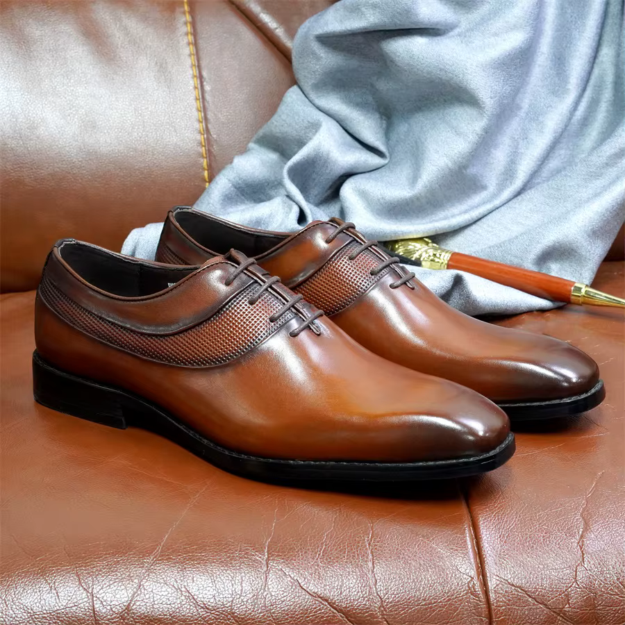 Chaussures Oxford haut de gamme pour hommes, en cuir véritable, faites à la main, à lacets, à bout pointu, chaussures d'affaires pour fête de mariage