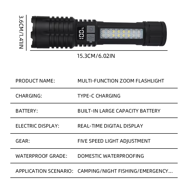 Lampes de poche LED haute puissance rechargeables portables avec écran d'affichage Zoom lampe torche tactique avec lanterne de lumières latérales de secours