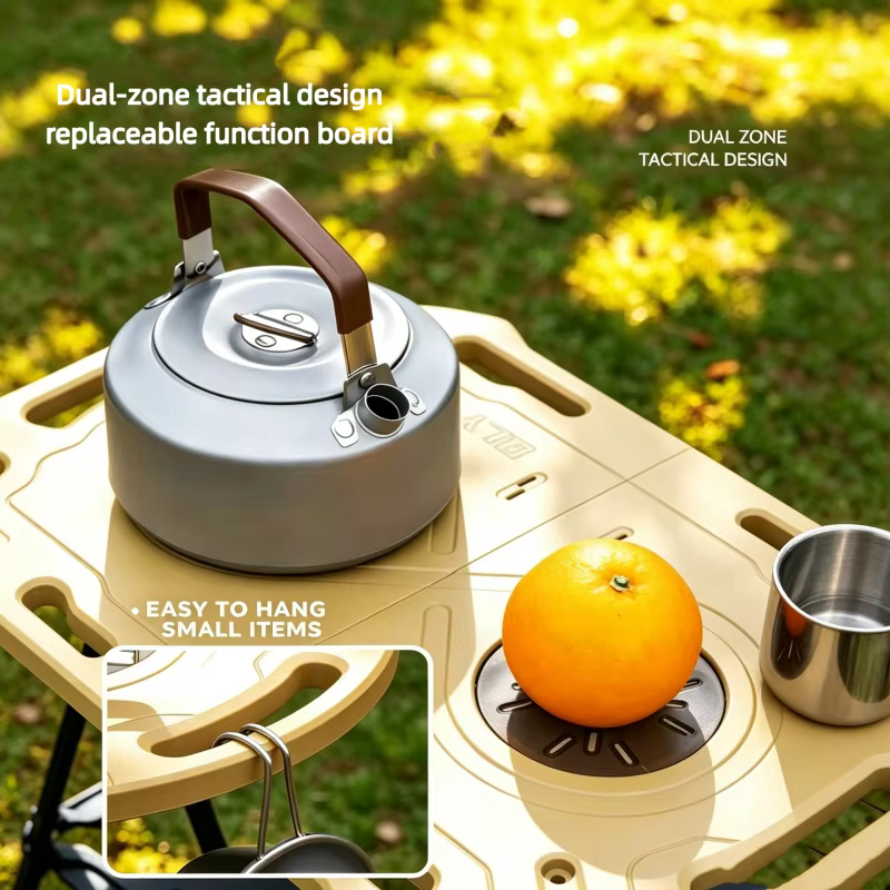 Table de camping tactique pliable avec fente pour lampe, emplacements pour crochets, haute capacité de charge, bureau de pique-nique extérieur pour la cuisson