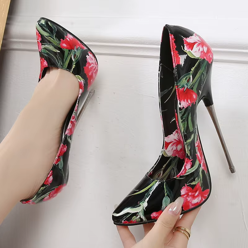 Chaussures à talons hauts en métal à fleurs roses pour femmes, escarpins à bout pointu pour boîte de nuit, fête, pub, banquet, podium, travestissement, literie