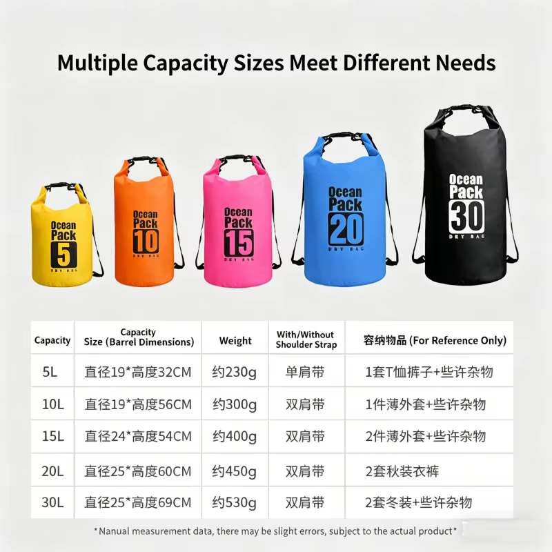 Sac de rangement étanche en PVC pour sports nautiques 5L/10L/20L/30L pour kayak