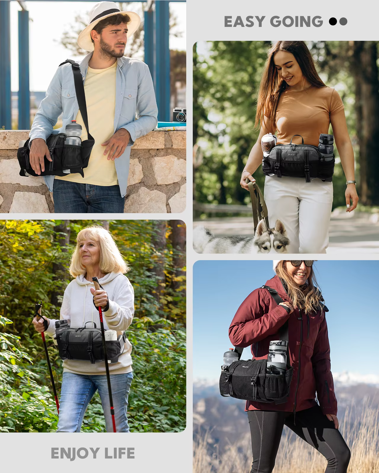 WATERFLY Sac banane de randonnée 3L – Sac de taille avec 2 porte-bouteilles et 9 poches