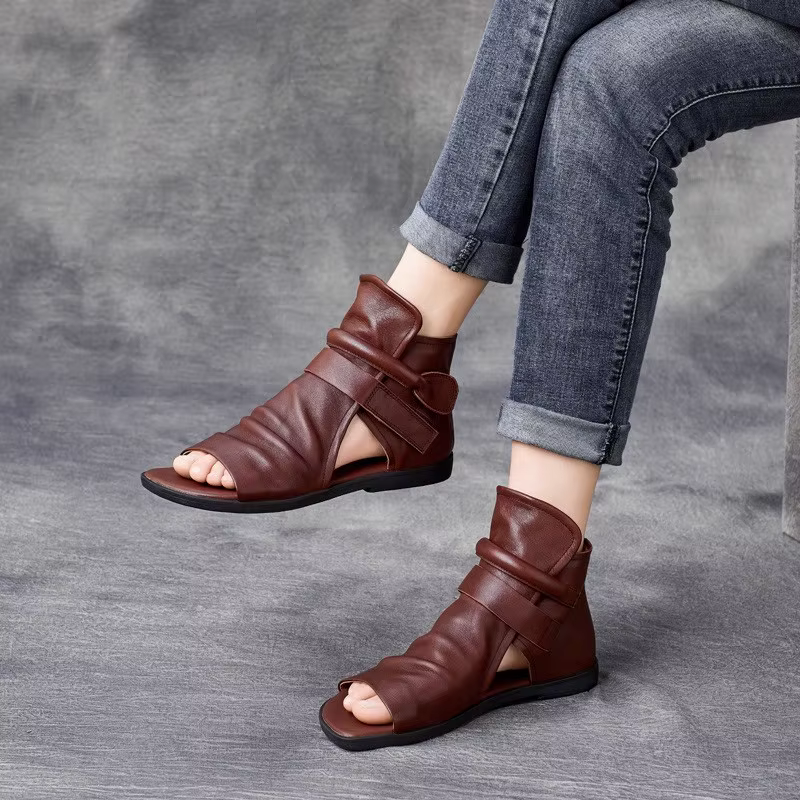 GKTINOO 2026 – Nouvelles sandales d'été en cuir véritable pour femme, bottes plates faites à la main, talons plats, en cuir de vachette, bout ouvert, fermeture éclair