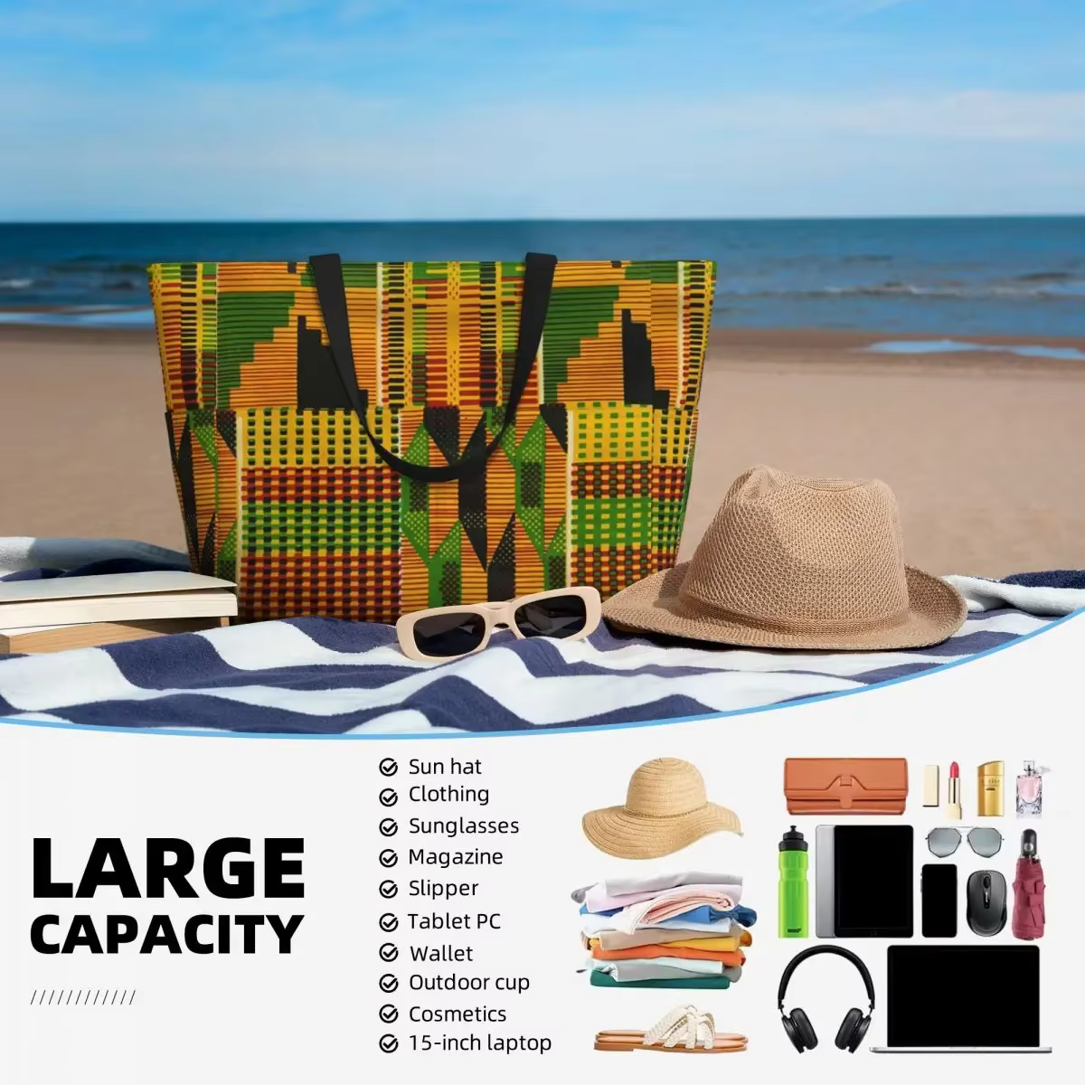 Sac fourre-tout personnalisé en tissu Kente africain pour femmes, grande capacité, sacs de voyage traditionnels ethniques africains Ankara plage salle de sport