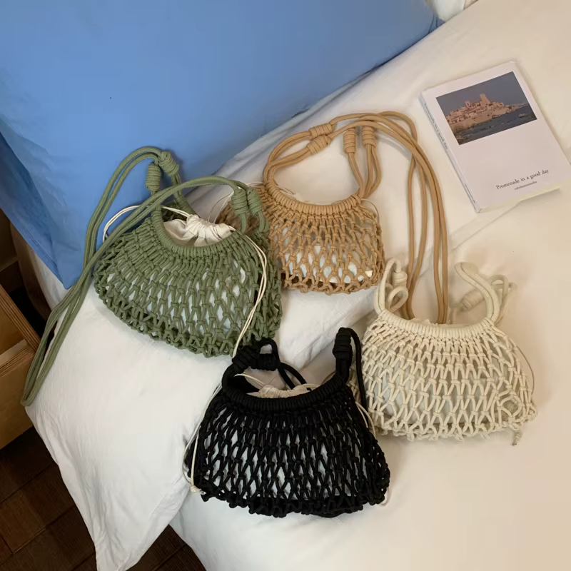 Sac à main bohème tricoté à la main, mini sac à bandoulière léger en filet ajouré, sac de plage décontracté pour femme, idéal pour l'été et les voyages