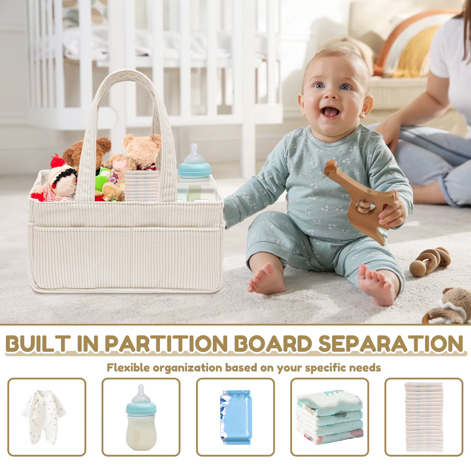 Organisateur de couches pour bébé, panier de rangement portable en velours côtelé avec poignée, panier de rangement pour couches pour la chambre de bébé
