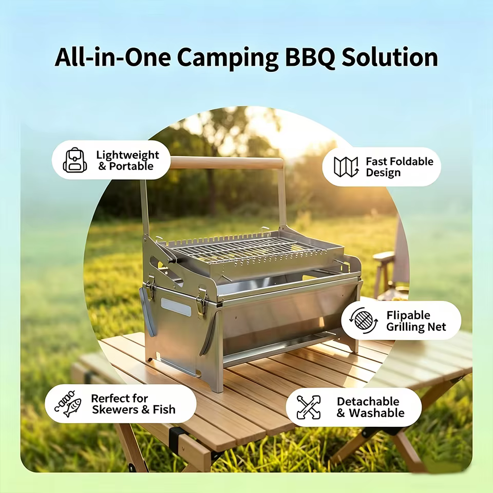 Portable 360 ° Barbecue pliable rotatif au charbon de bois en acier inoxydable avec grille amovible pour le camping