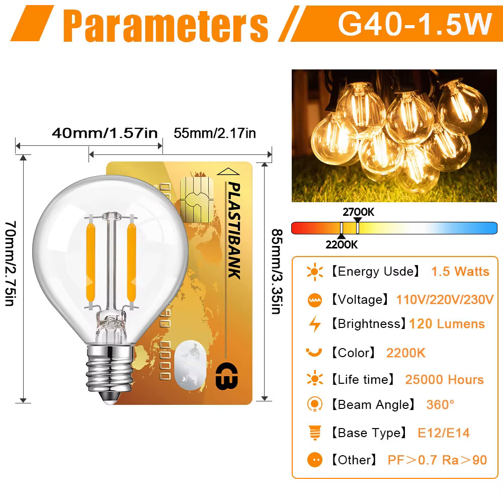 Ampoules de remplacement LED Globe en verre transparent E12 E14, ampoules Globe Edison pour intérieur et extérieur 1.5W 110V 220V 230V, lampes blanches chaudes