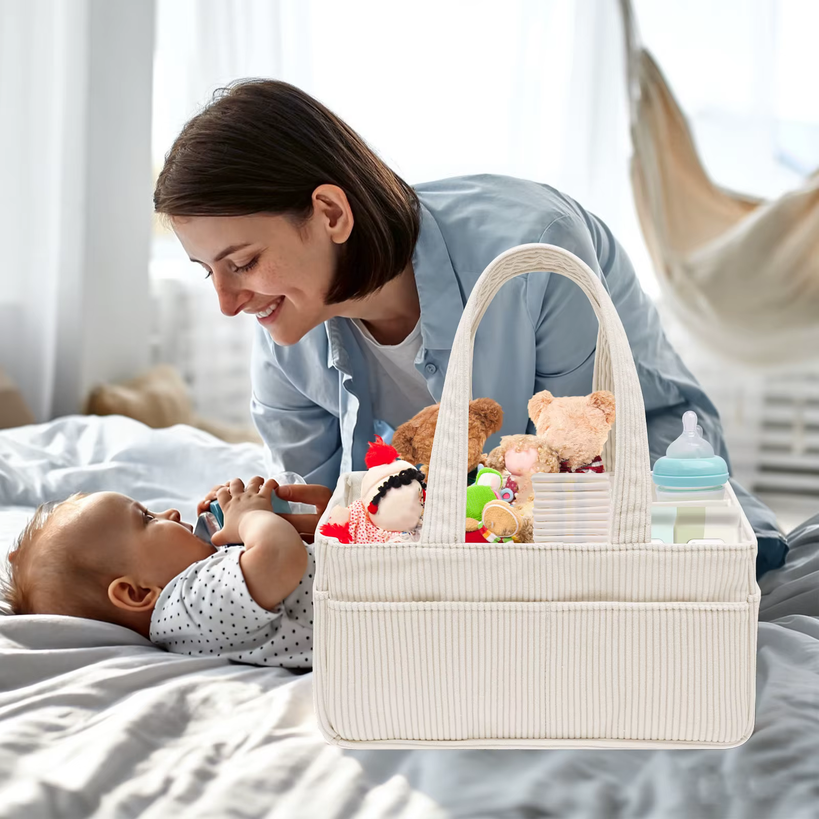 Organisateur de couches pour bébé, panier de rangement portable en velours côtelé avec poignée, panier de rangement pour couches pour la chambre de bébé