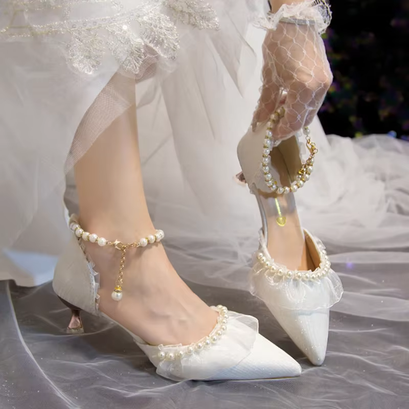 InjWhite-Chaussures de Mariage de Luxe pour Femme, Escarpins à Talons Hauts, Bretelles de Rincage de Perles, Chaussures Habillées à Talons Pointus Parker, Été 2023
