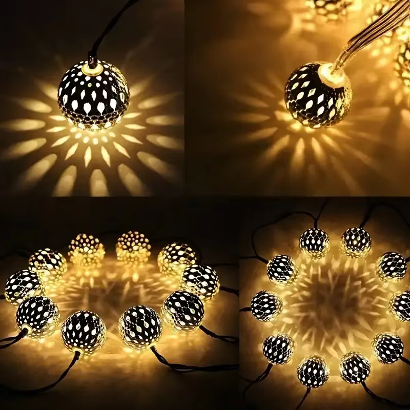 Lampe boule marocaine en fer forgé avec bande LED et guirlande solaire