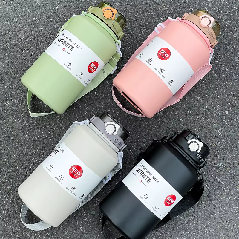 Bouteille isotherme en acier inoxydable grande capacité 800 ml/2000 ml avec poignée et paille
