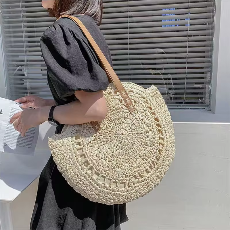 Sac de plage rond en paille, sac à bandoulière tissé Vintage fait à la main, sacs en rotin circulaire en raphia, sacs décontractés bohème pour vacances d'été