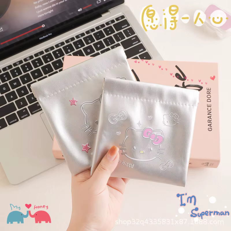 Pochette Hello Kitty en PU à fermeture automatique, sac de rangement portable et étanche pour rouge à lèvres, écouteurs, câbles de données et accessoires de voyage