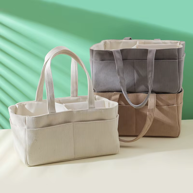 Nouvel Organisateur de Couches en Velours Côtelé Pliable Multi-Poches avec Poignée, Panier de Rangement pour Couches et Langes Nouveau-né