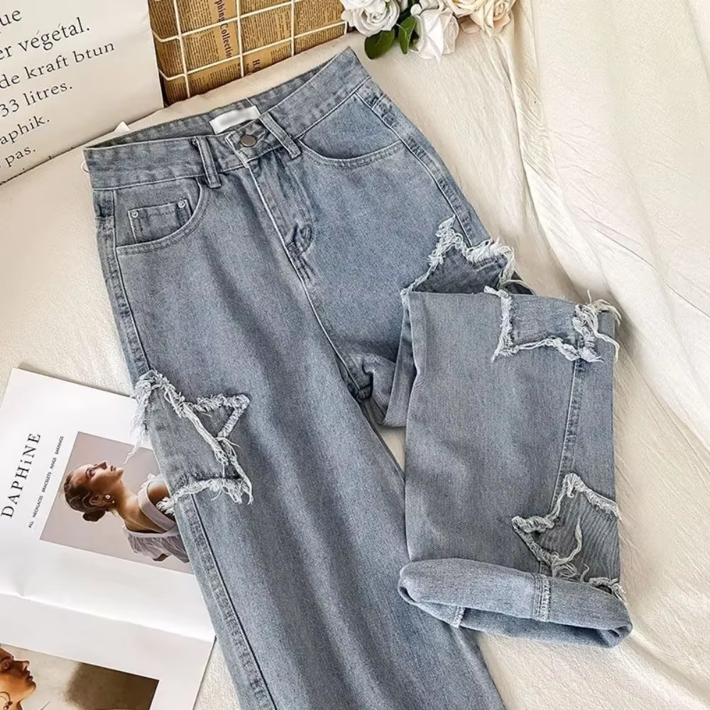 Jean Denim Taille Haute à Jambes Droites, Mode Coréenne avec Étoile, Nouvelle Collection Printemps-Automne 2024