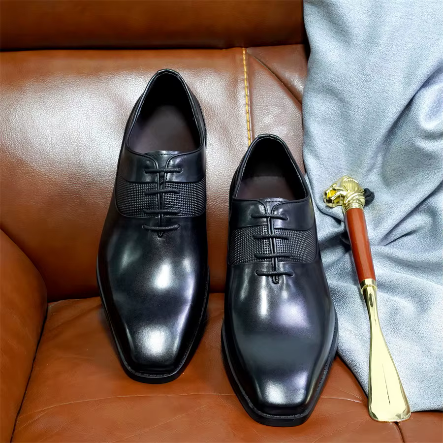 Chaussures Oxford haut de gamme pour hommes, en cuir véritable, faites à la main, à lacets, à bout pointu, chaussures d'affaires pour fête de mariage