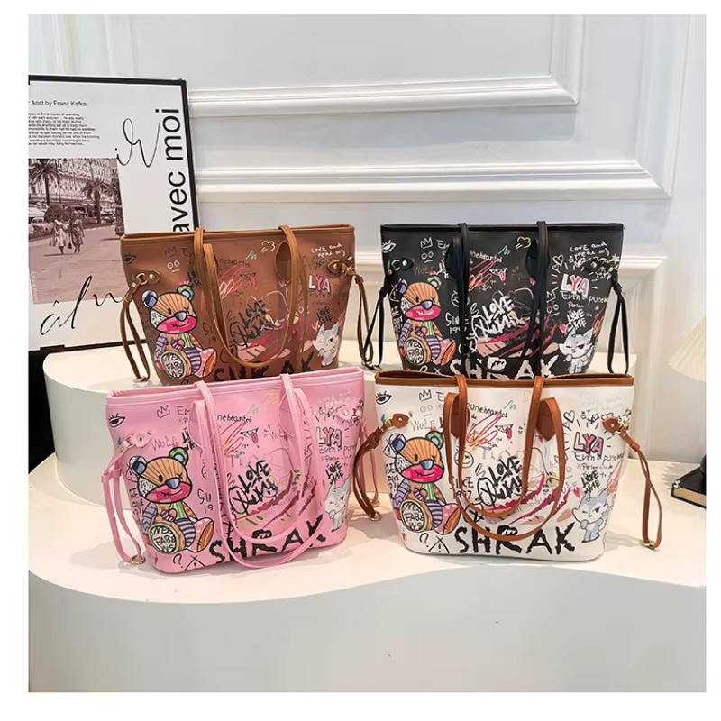 Sac fourre-tout Bear Doodle pour femme – Imprimé graffiti, grande capacité, sac à main polyvalent à bandoulière